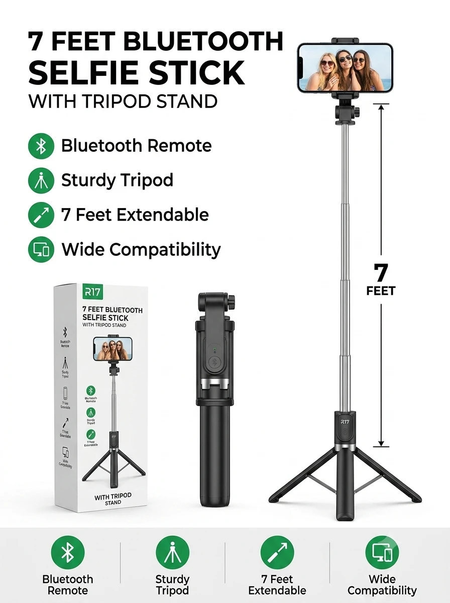 R17 Bluetooth Selfie Stick Tripod – 7 Feet Extendable
