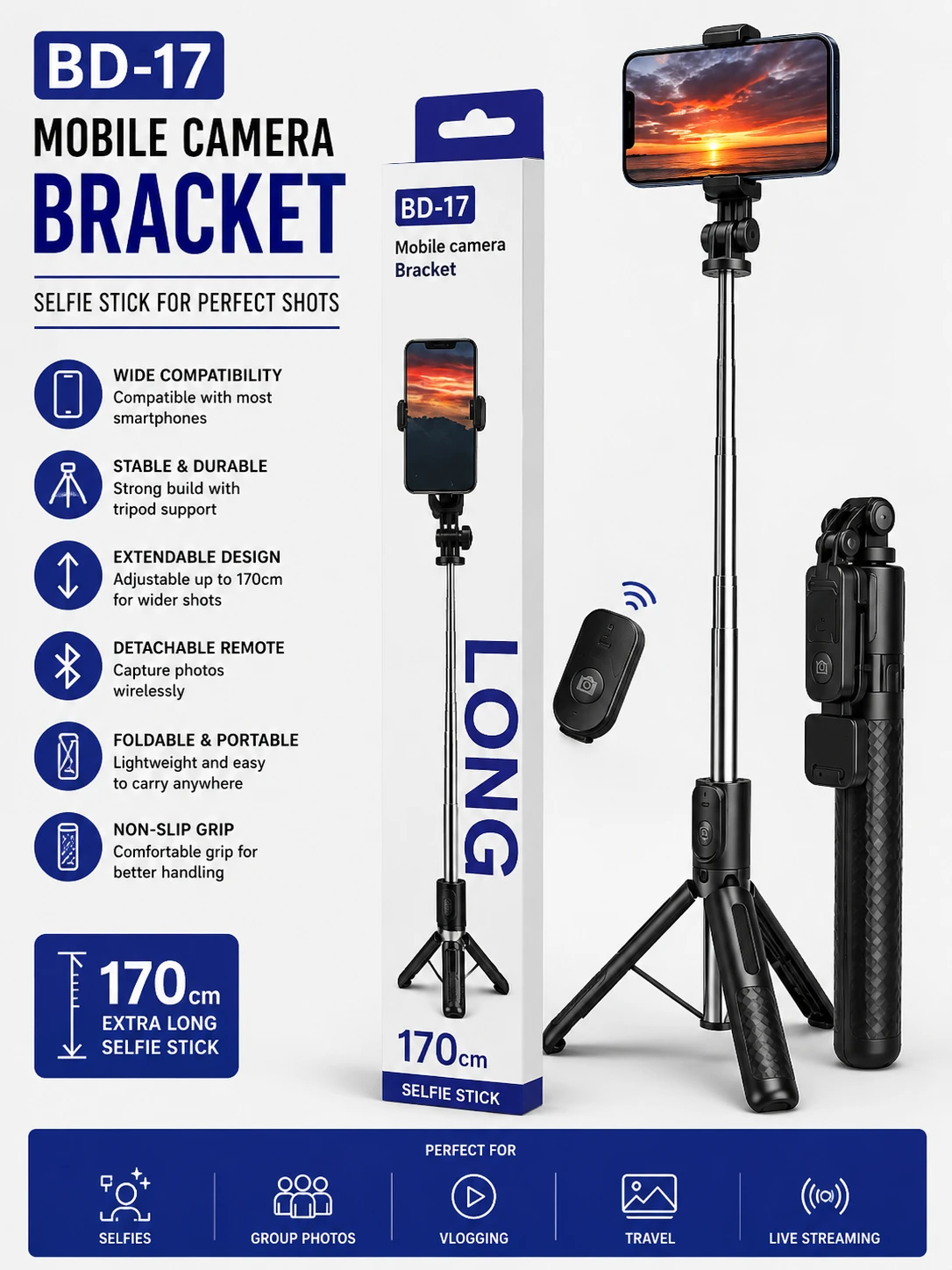 BD-17 Bluetooth Selfie Stick Tripod – 170CM Extendable