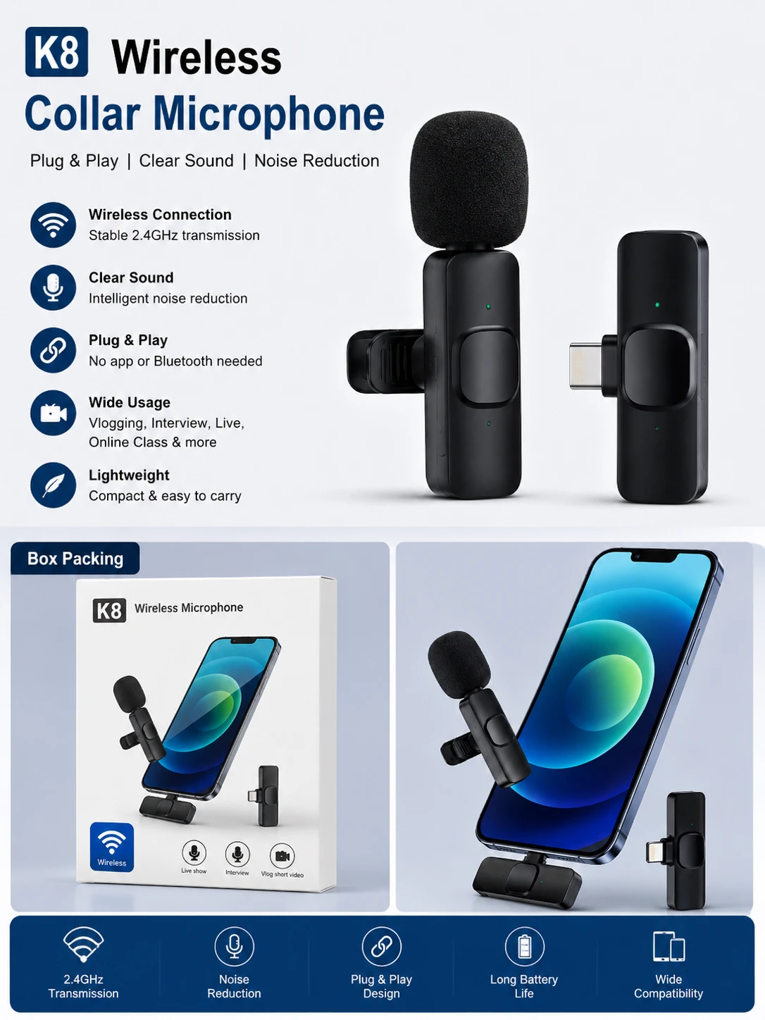 K8 Wireless Collar Microphone for Android | Plug & Play Single Mic