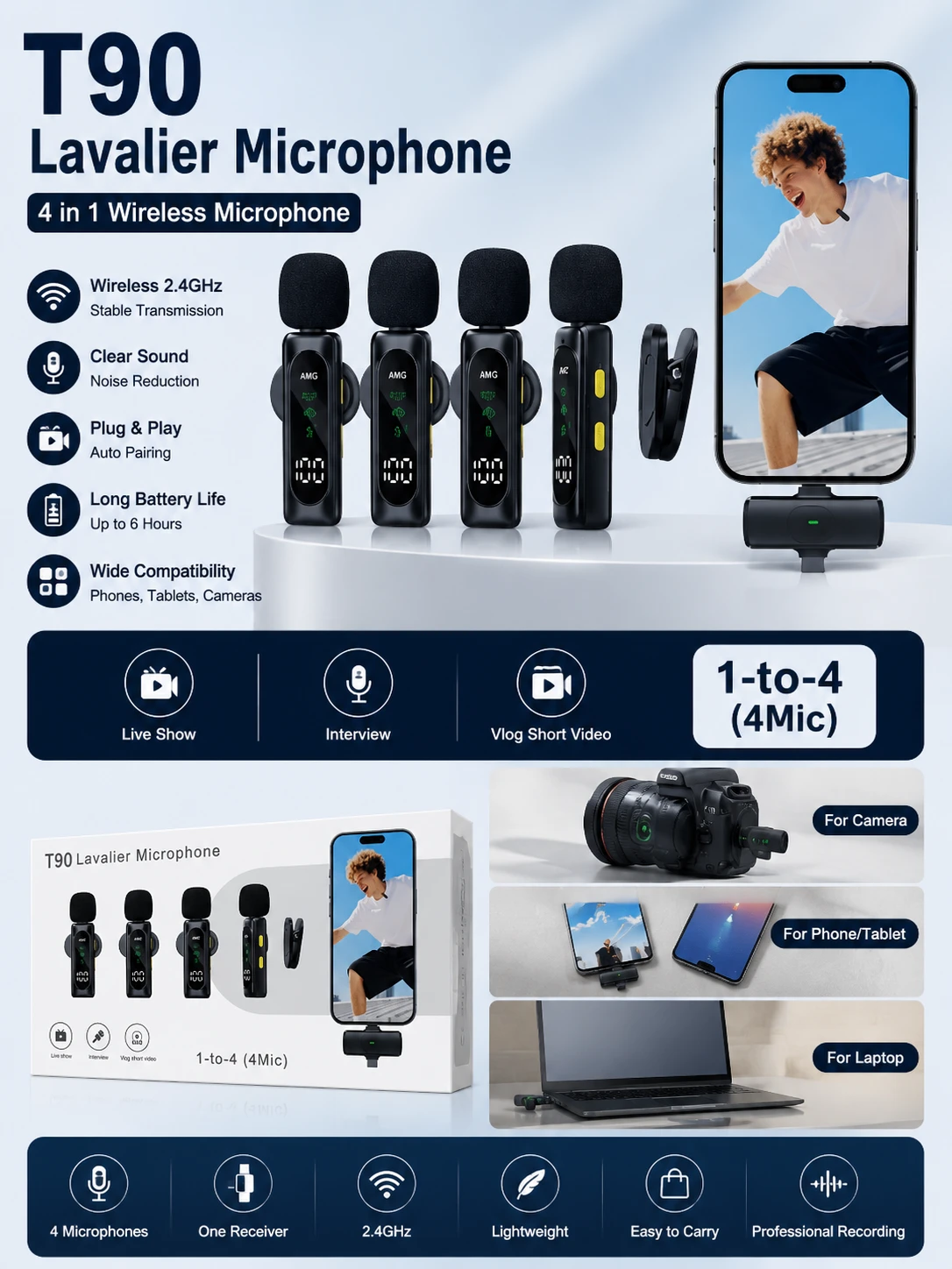 T90 4-in-1 Wireless Lavalier Collar Microphone