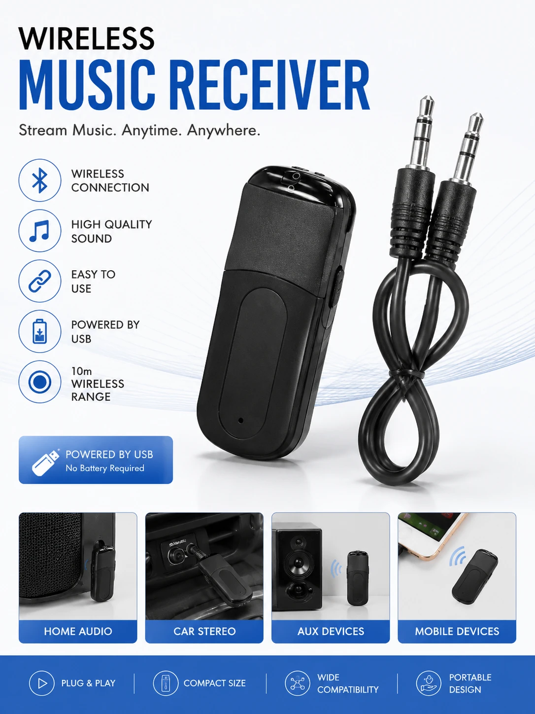 Wireless Music Receiver USB Bluetooth AUX Adapter for Car & Home Audio