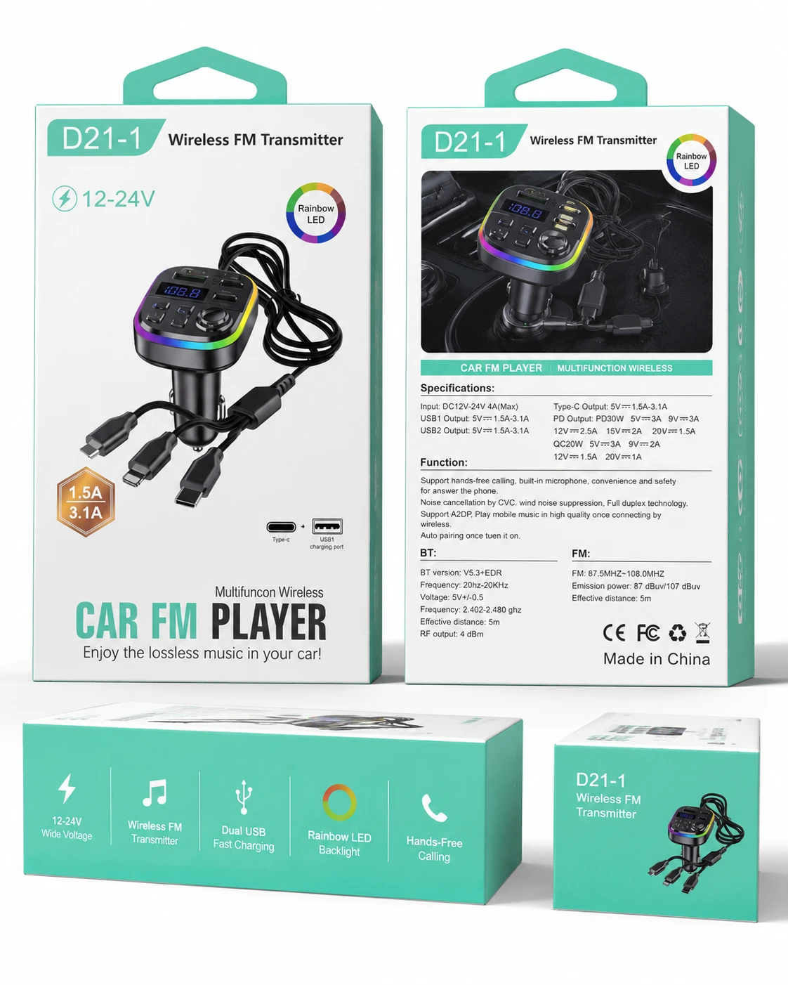 Wireless Car FM Transmitter with PD Fast Charging & RGB LED