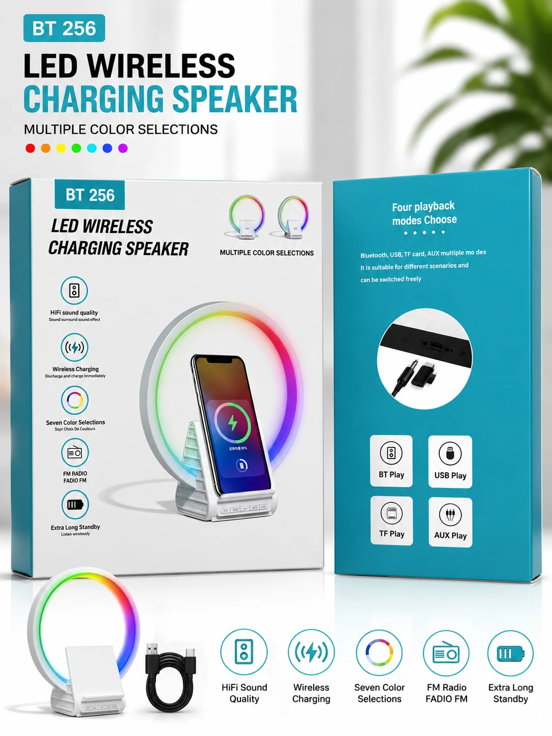 BT-256 LED Wireless Charging Bluetooth Speaker with RGB Light