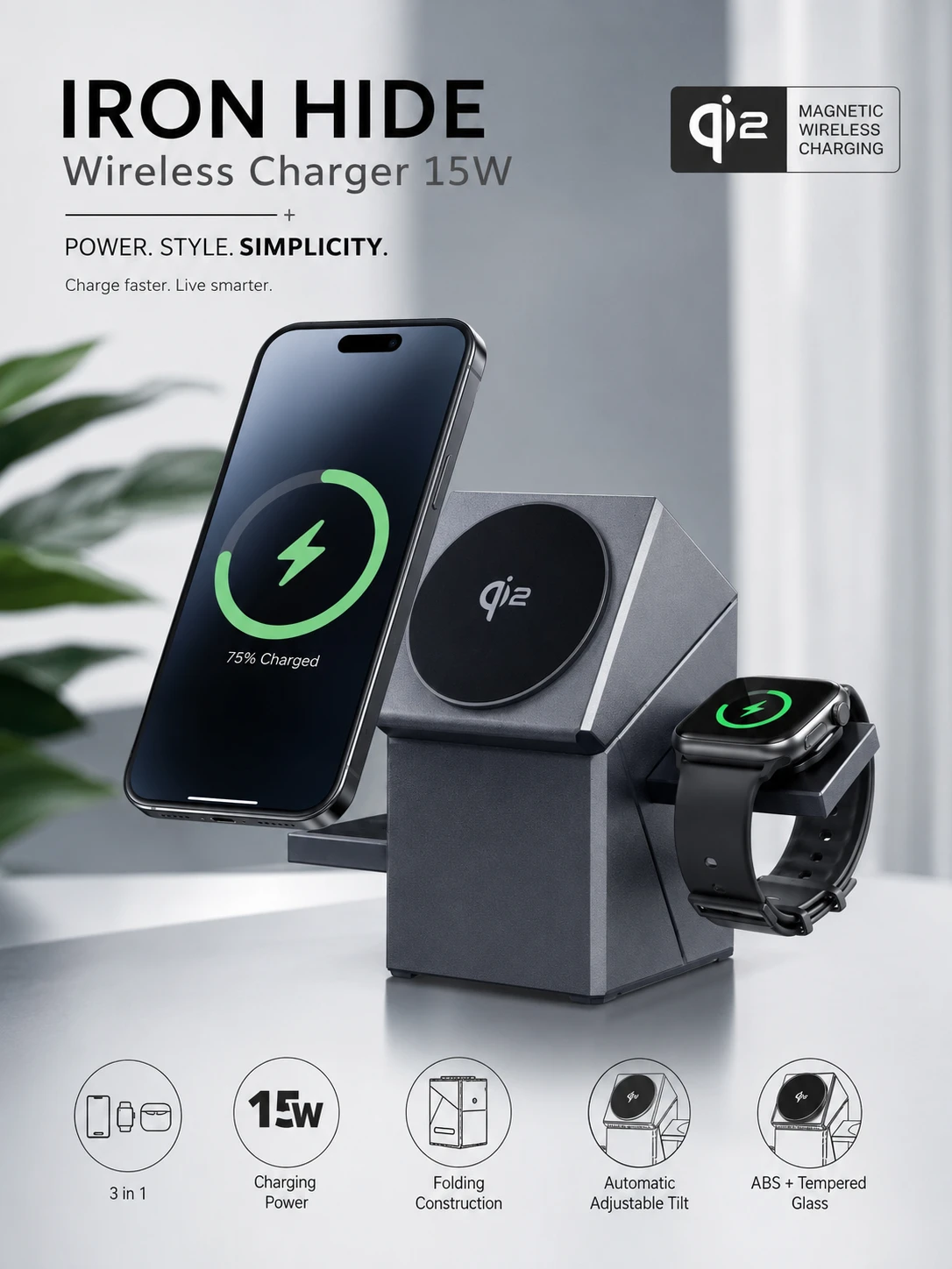 Iron Hide 3-in-1 Magnetic Wireless Charger Stand – 15W Fast Charging Dock