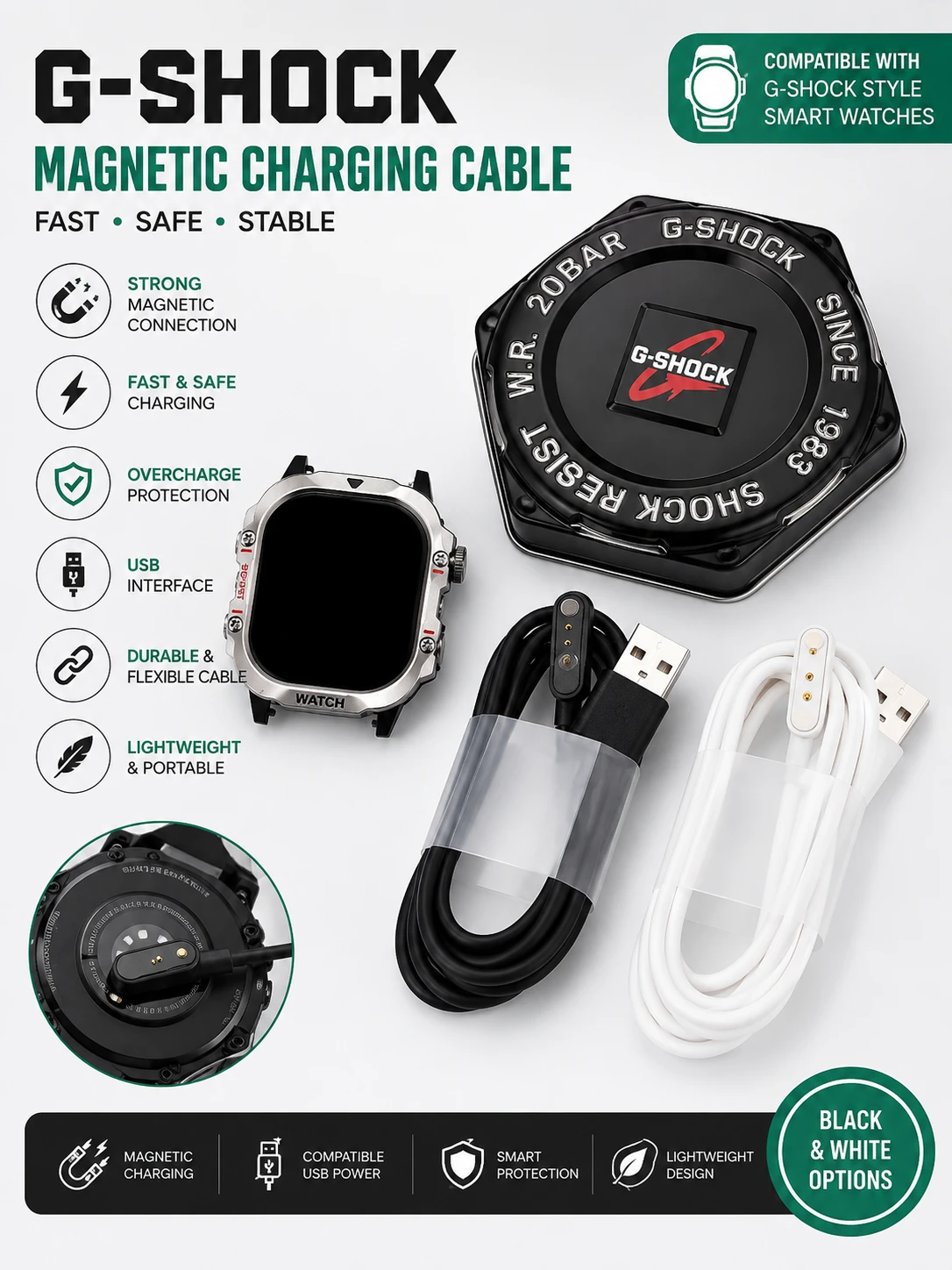 G-Shock Style Smart Watch Magnetic USB Charging Cable