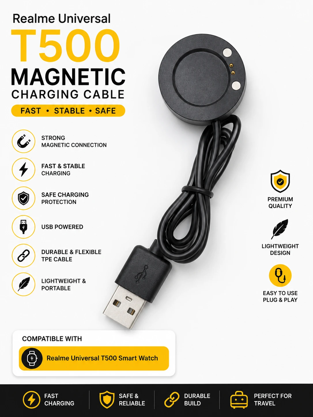 Realme Universal T500 Magnetic Smart Watch Charging Cable (USB Charger)
