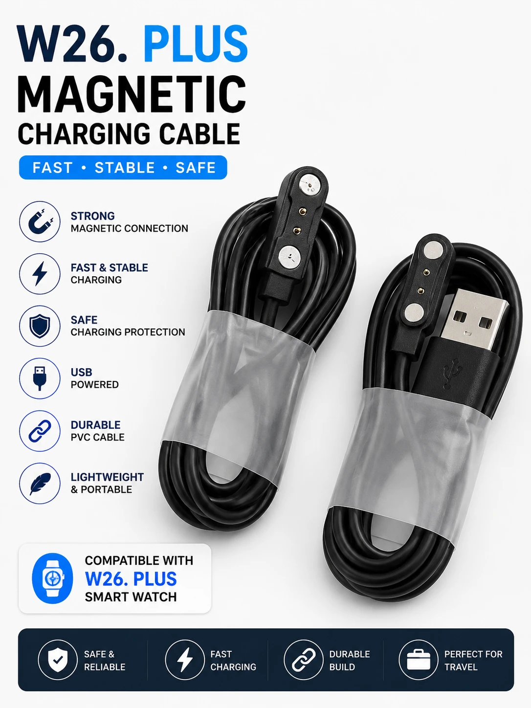 W26 Plus Smart Watch Magnetic USB Charging Cable (USB Charger)