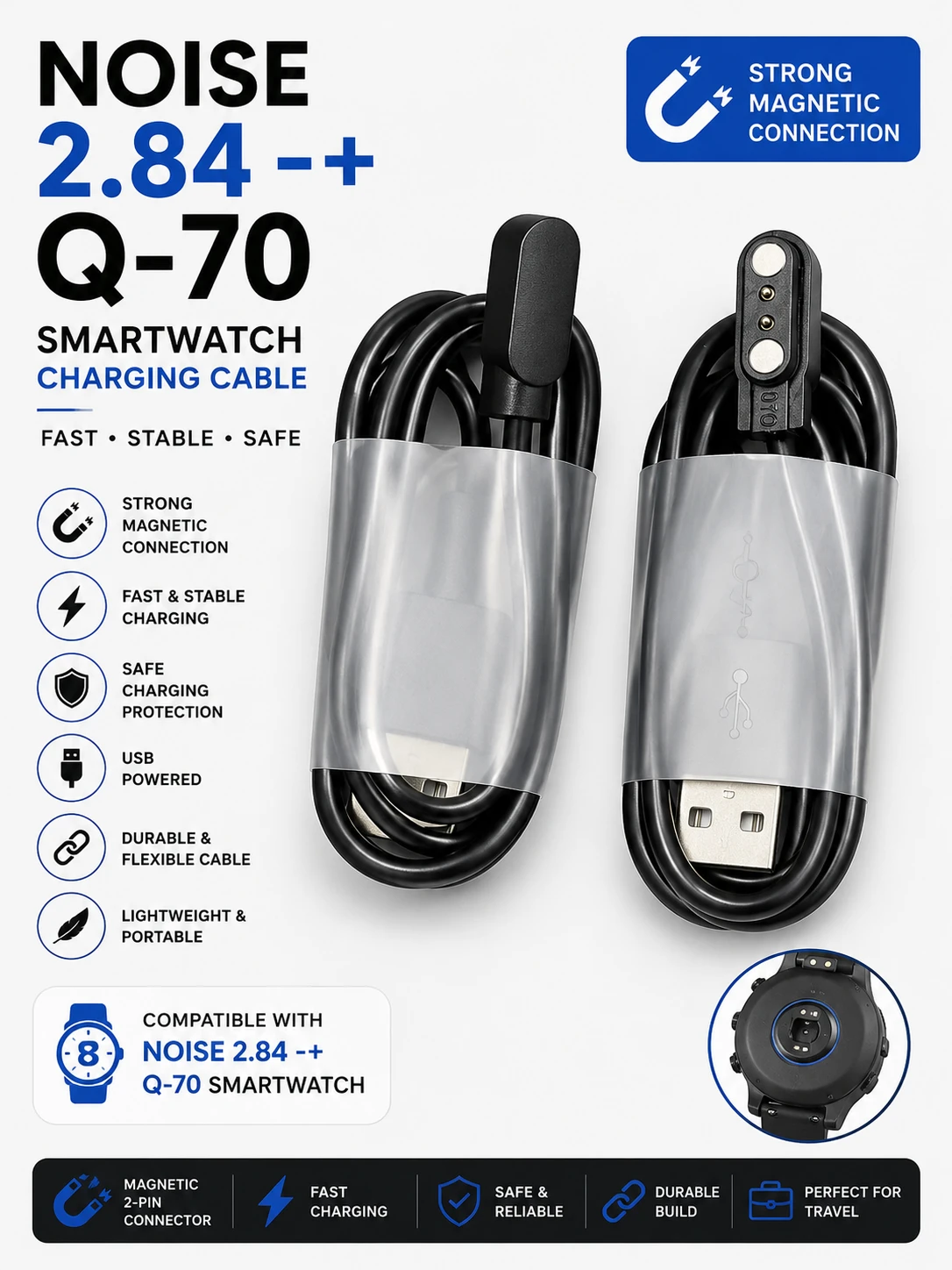 Noise Q-70 / ColorFit 2.84 Compatible Magnetic Smart Watch Charging Cable (USB)