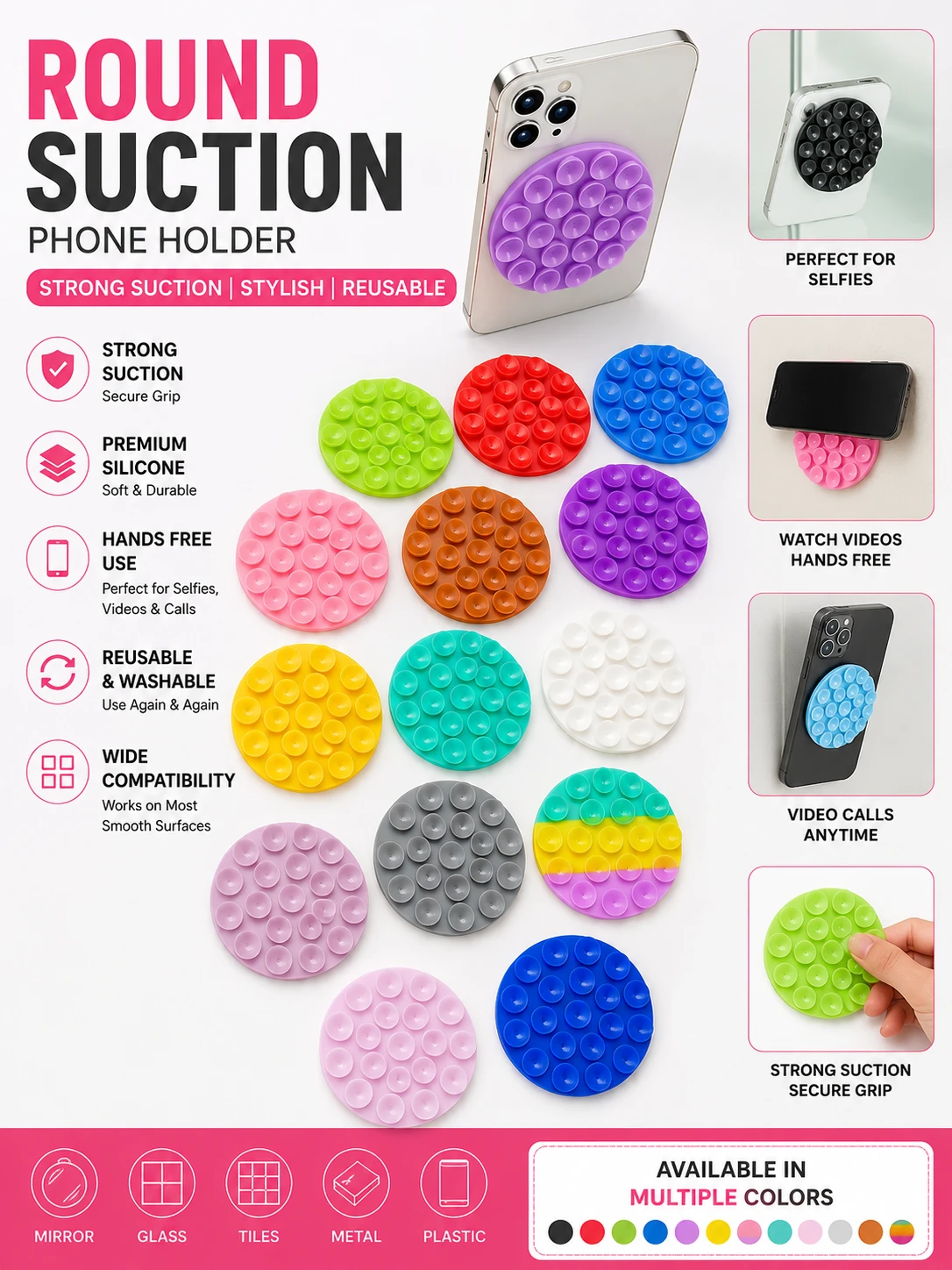 Round Silicone Suction Phone Holder Pad – Reusable Anti-Slip Mobile Grip Mount