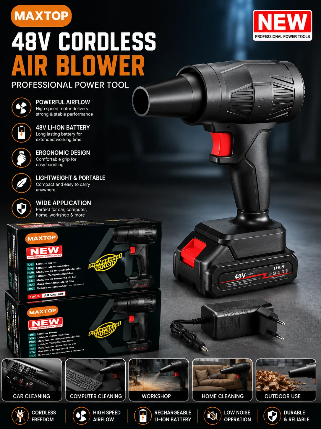 MAXTOP 48V Cordless Electric Air Blower – Rechargeable Li-ion Dust Cleaning Blower