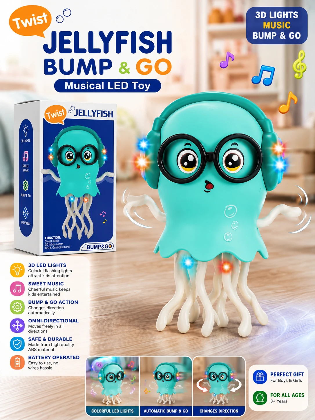Twist Jellyfish Bump & Go Musical LED Toy