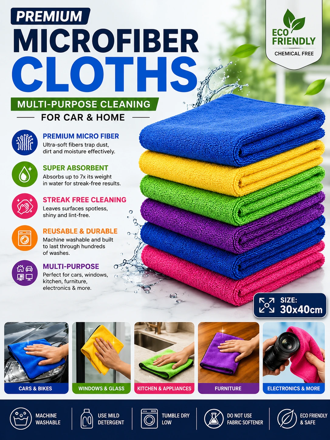 Premium Microfiber Cleaning Cloth 30×40 cm | Ultra Soft Multi-Purpose Cleaning Towel for Car, Bike, Home & Kitchen
