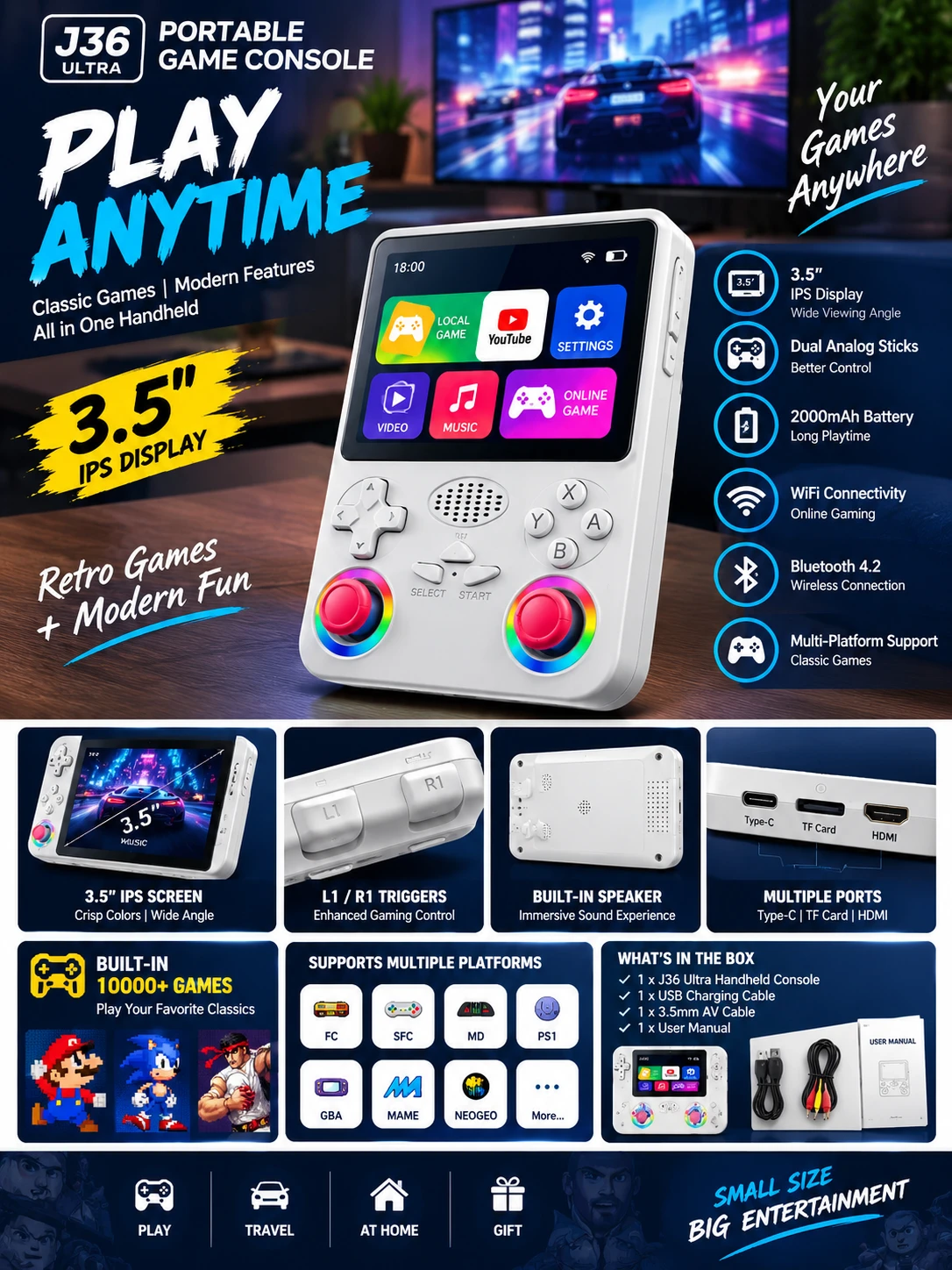 J36 Ultra Online Gaming Handheld Console – 3.5" IPS Screen, 2000mAh Battery